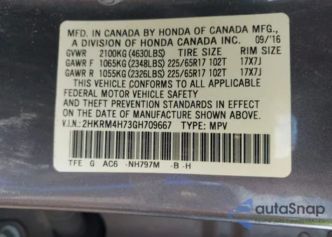 2016 Honda Cr-V Ex-L z USA, uszkodzony, nr VIN 2HKRM4H73GH709667